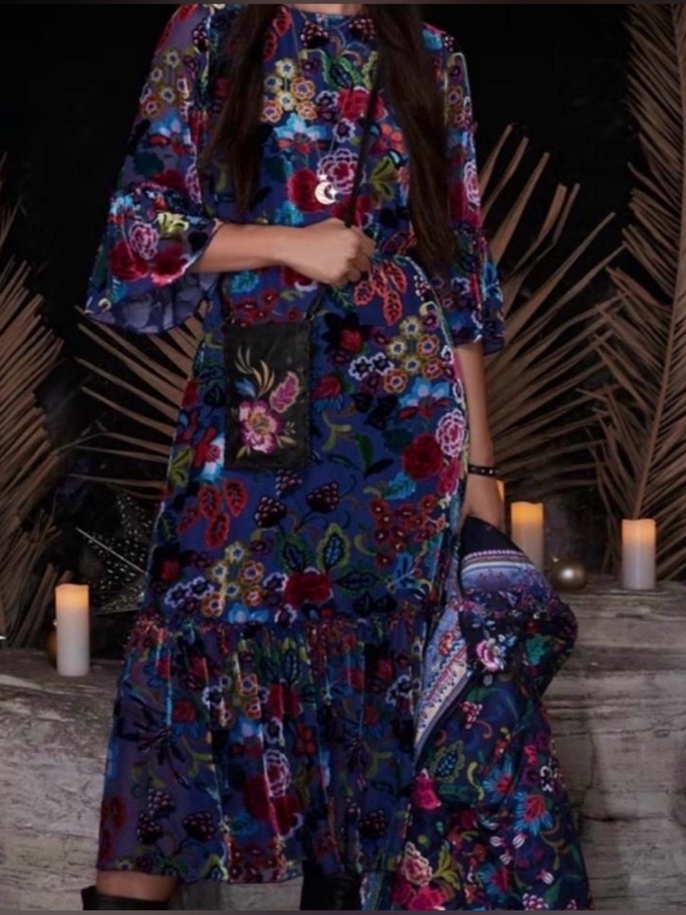 Johnny Was Blue Floral Velvet Maxi Dress with Multicolor Print NWT